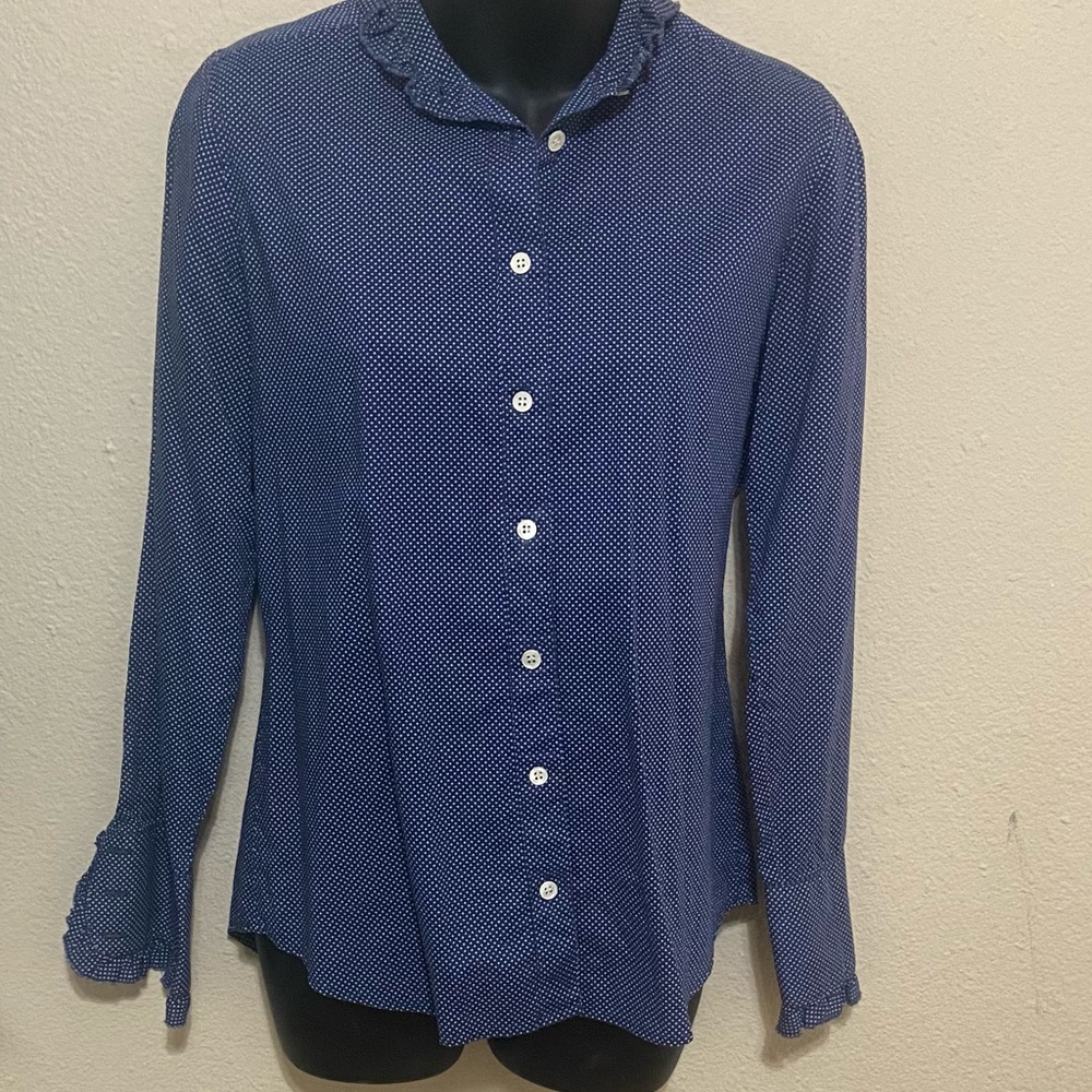 J Crew blue polka dot button down blouse XS